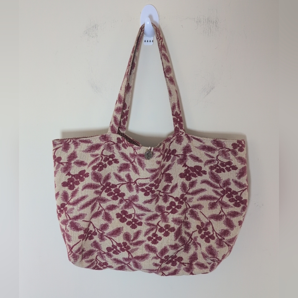 Handmade Tote Bag Lined Rose Cream Pocket Floral/Check Cottage Arm Shoulder